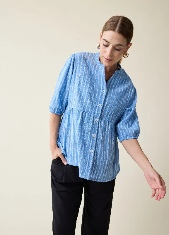 Maternity + Nursing Peplum Shirt Blue and White Stripe Button Up, Short Sleeve